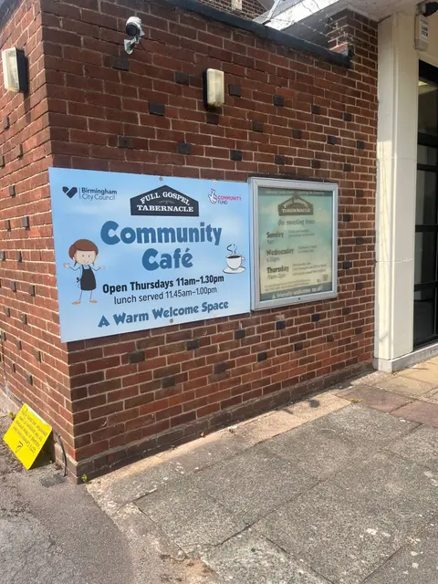 Community Café sign on the wall of Full Gospel Tabernacle Birmingham